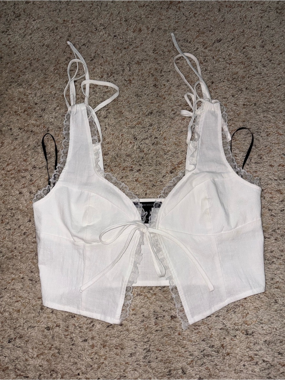 Forever 21 White Lace-Trim Tie-Front Crop Top